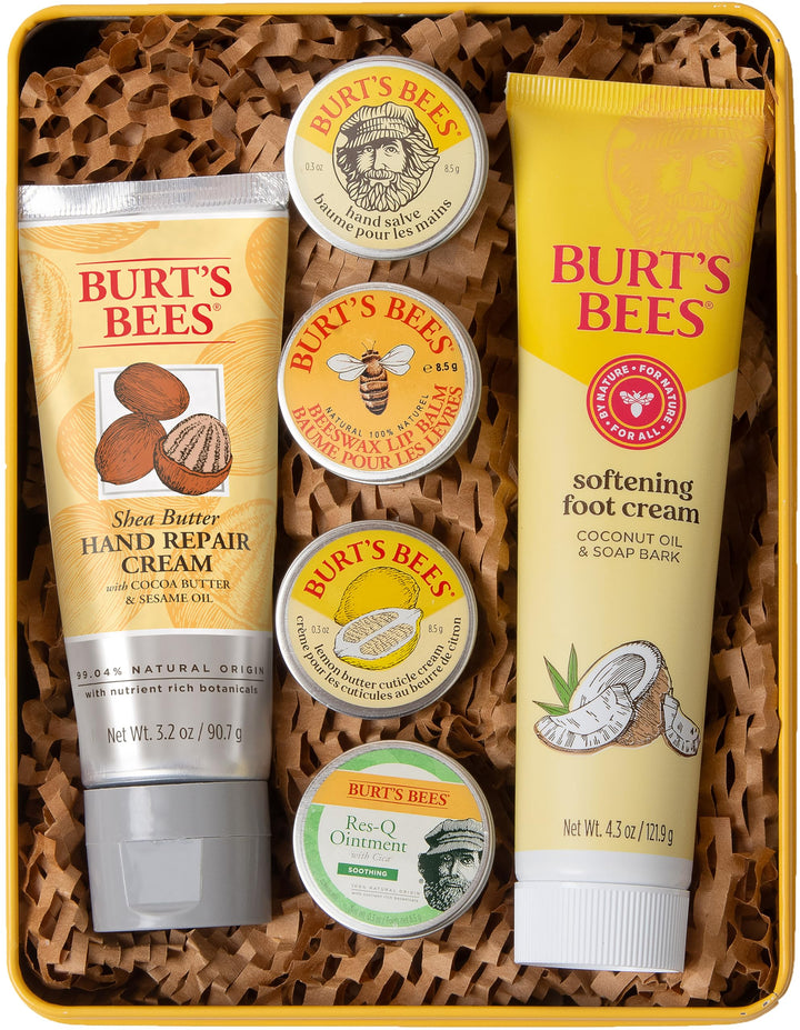 Burt's Bees gift tin front view showing six natural skin care items and easy gifting benefit