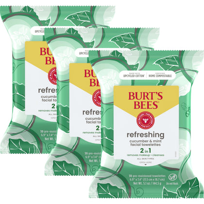 Burt's Bees front pack showing three 30-count refreshing towelettes for quick cleansing