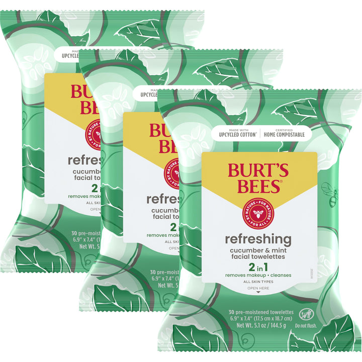 Burt's Bees front pack showing three 30-count refreshing towelettes for quick cleansing