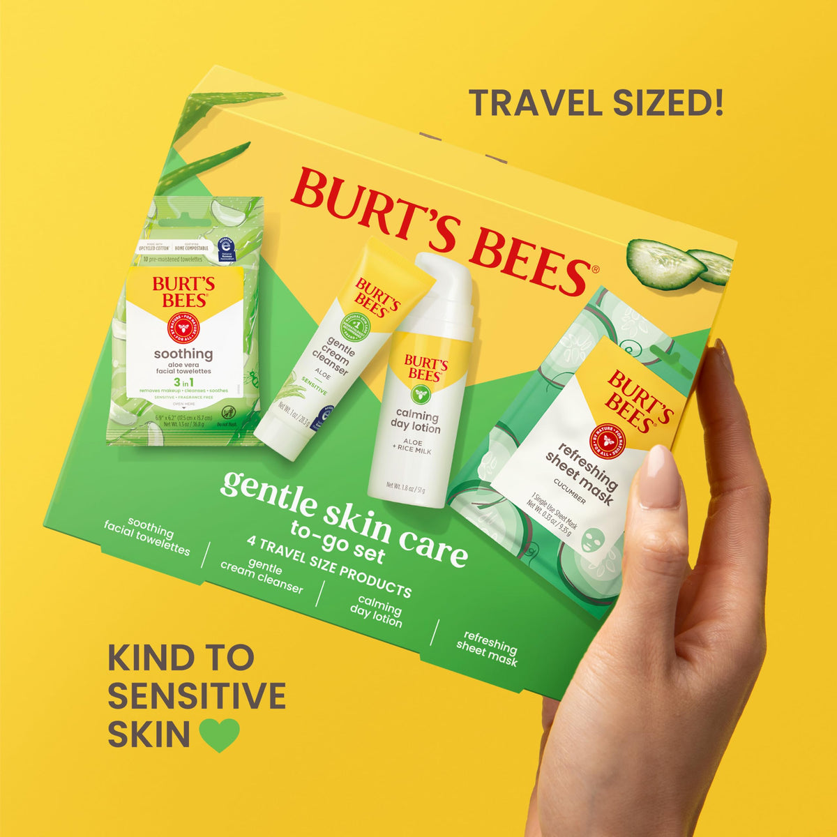 Burt's Bees facial towelettes pack open with a wipe pulled out for quick, no-rinse cleansing on the go