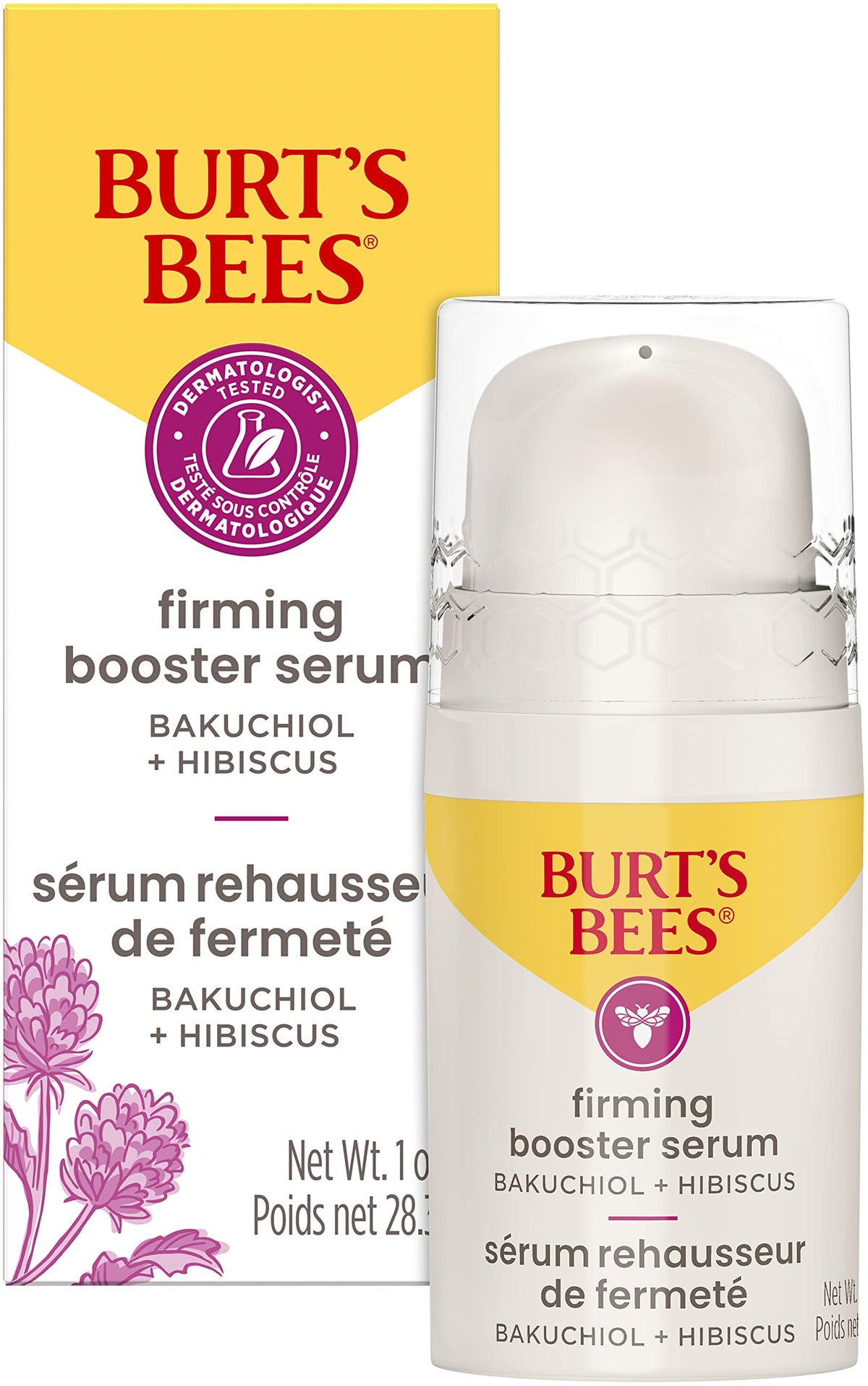 Burt's Bees front packaging showing 1 oz firming serum for visible texture benefit