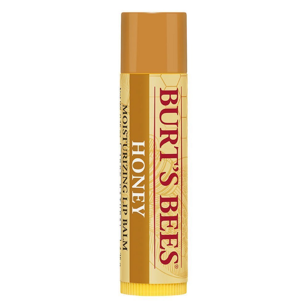 Burt's Bees front packaging showing 12 honey lip balm tubes and easy storage benefit