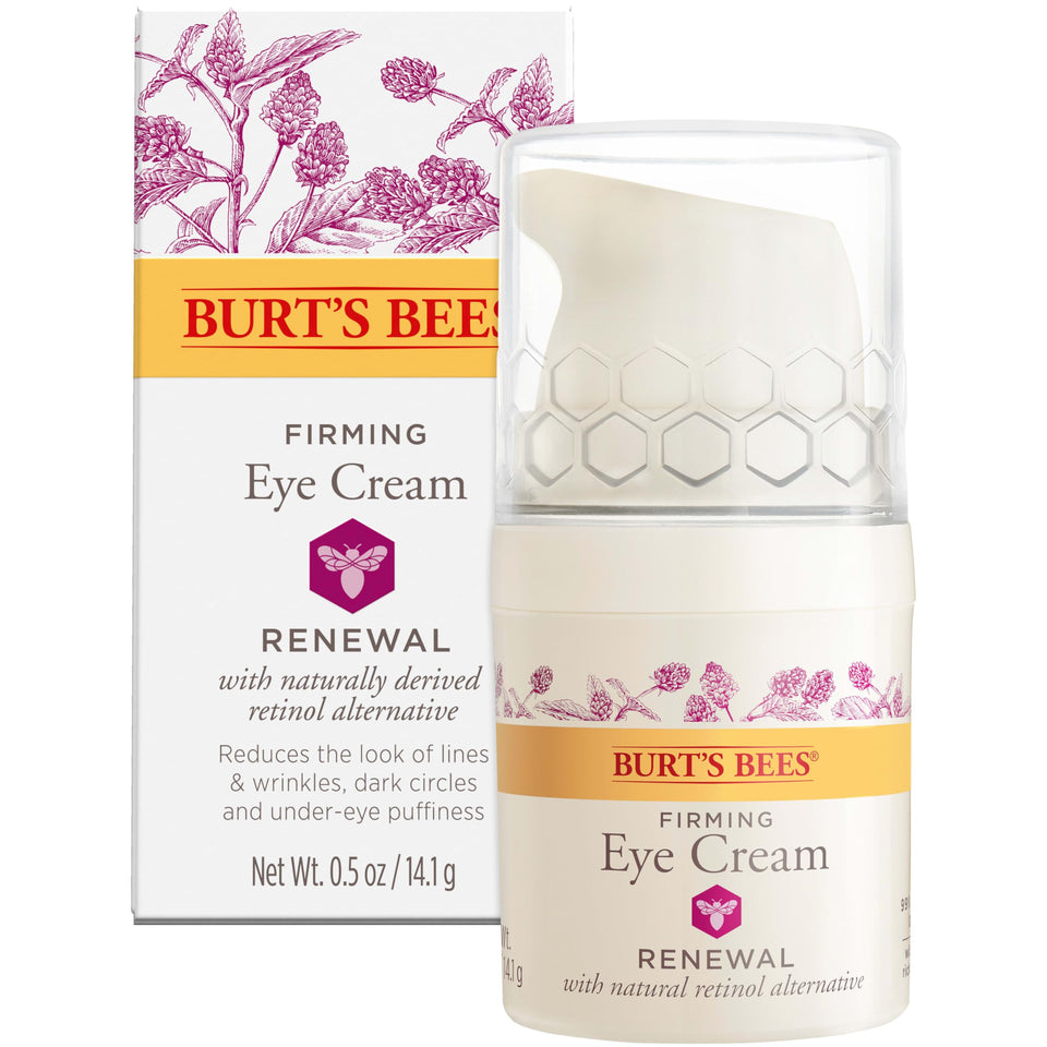 Burt's Bees front packaging showing Renewal Firming Eye Cream benefits