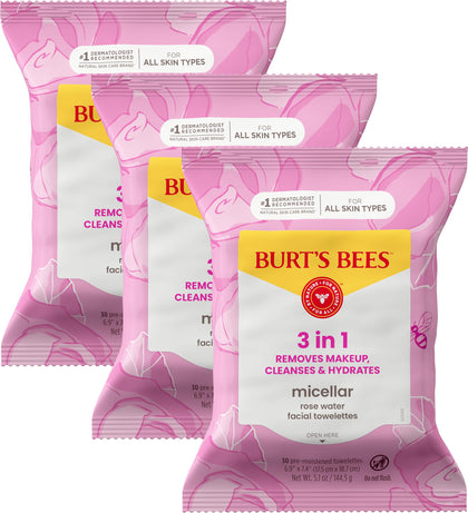 Burt's Bees front packaging showing rose water wipes and benefits