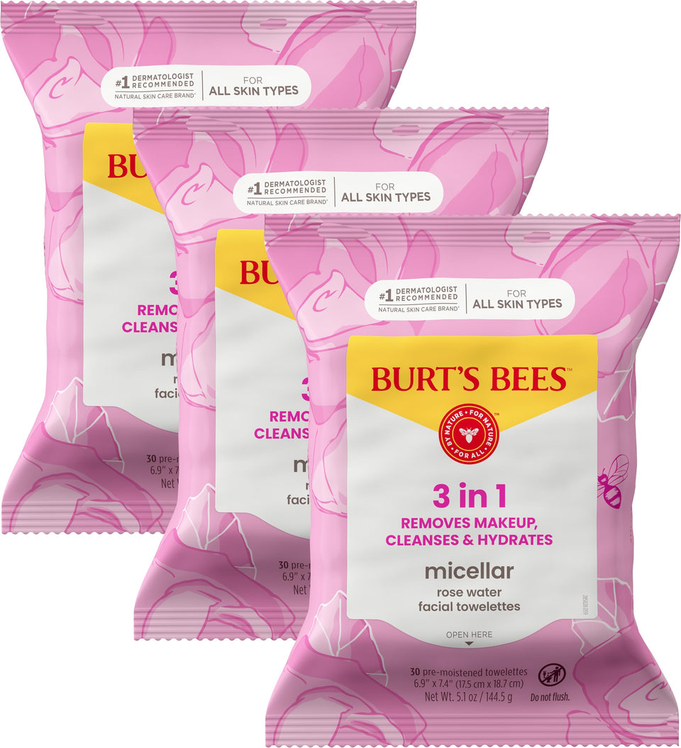 Burt's Bees front packaging showing rose water wipes and benefits
