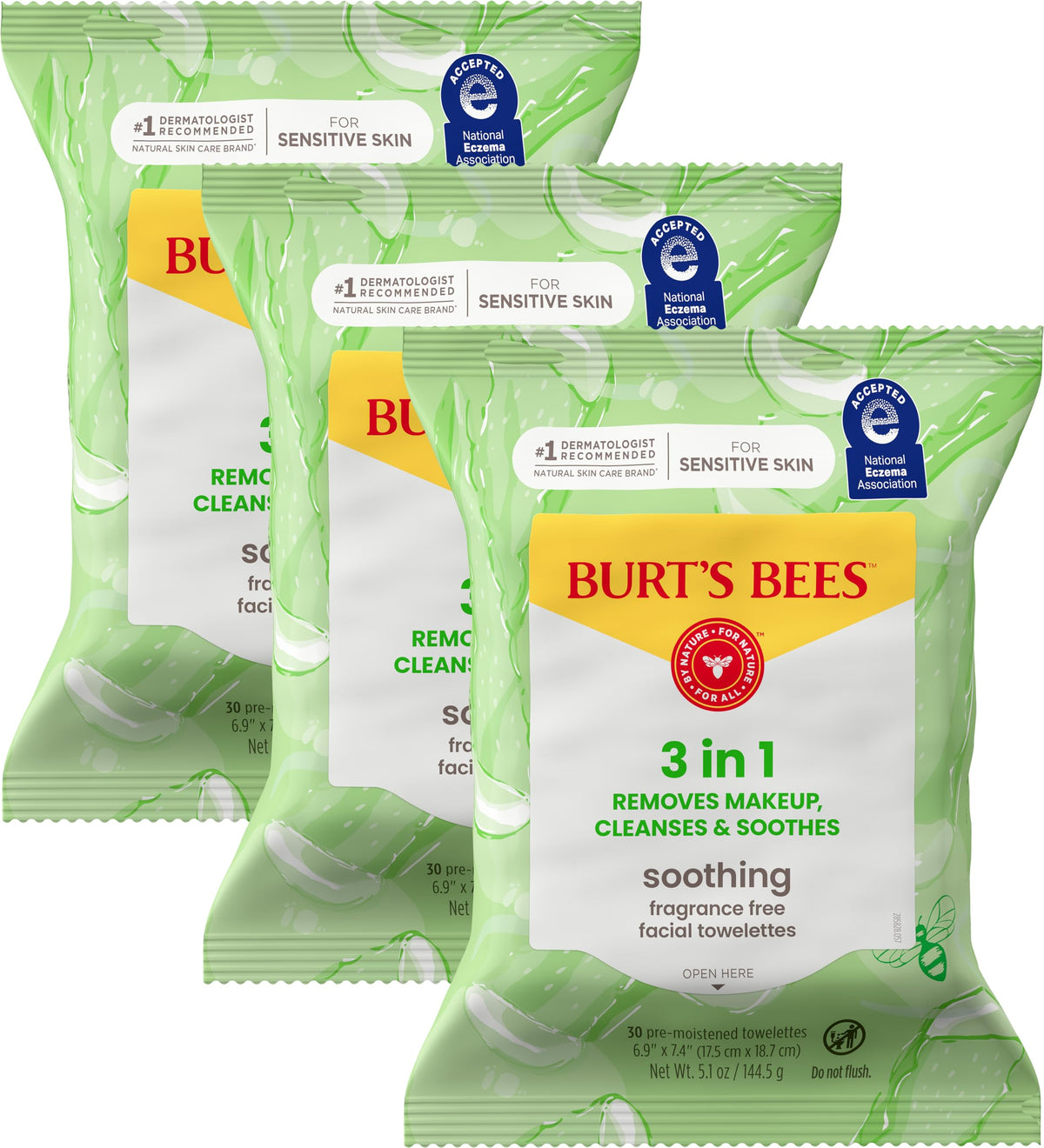 Burt's Bees front packaging three packs showing convenience and natural origin