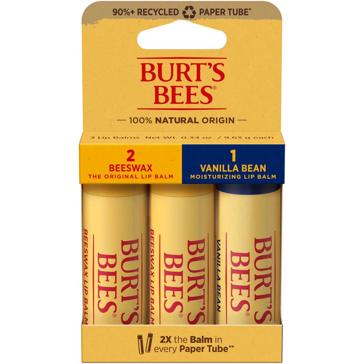 Burt's Bees front packaging showing three paper tubes and product benefits