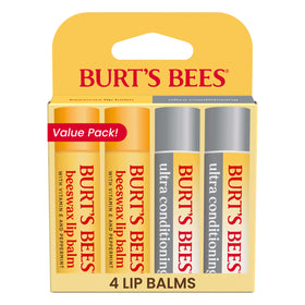 Burt's Bees front packaging showing four lip balm tubes and product identity benefits