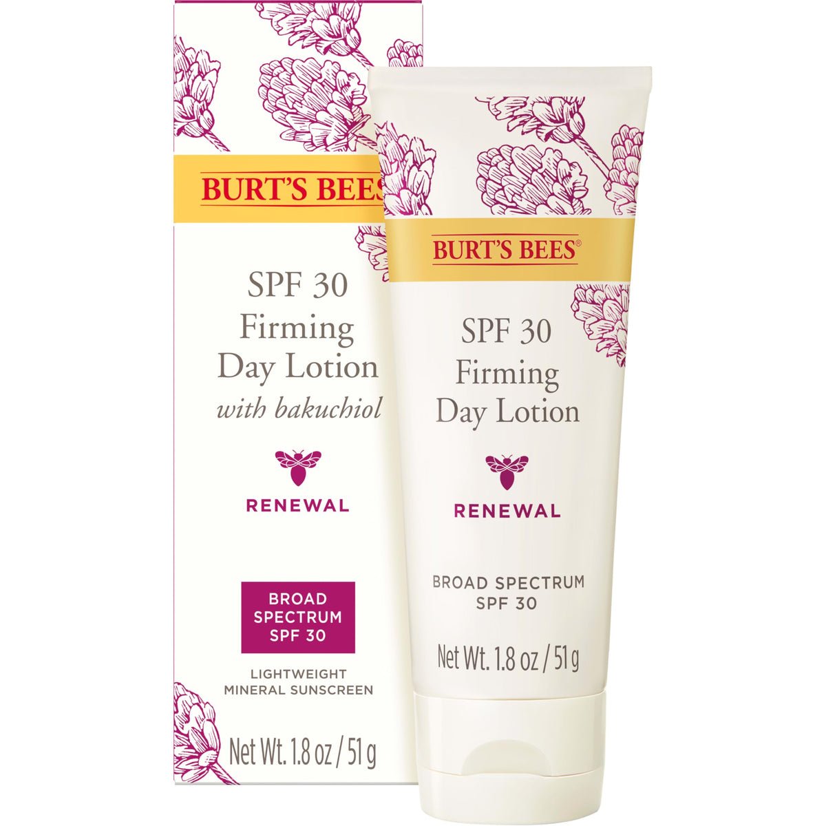 Burt's Bees front tube renewal SPF 30 showing packaging and size benefit