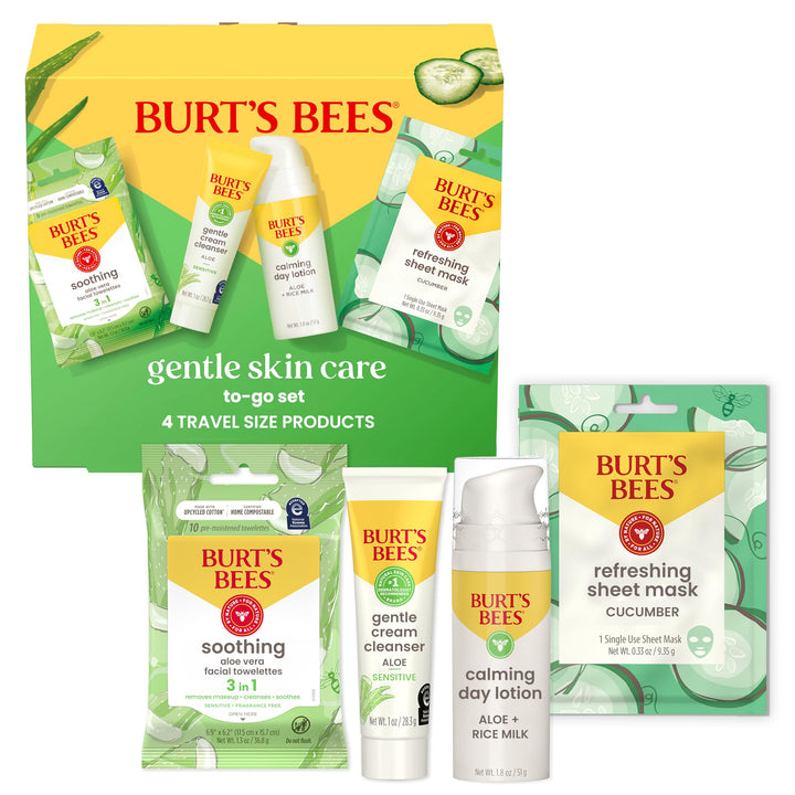 Burt's Bees front packaging of the to-go gentle skin care set showing compact travel sizes and gift-ready design
