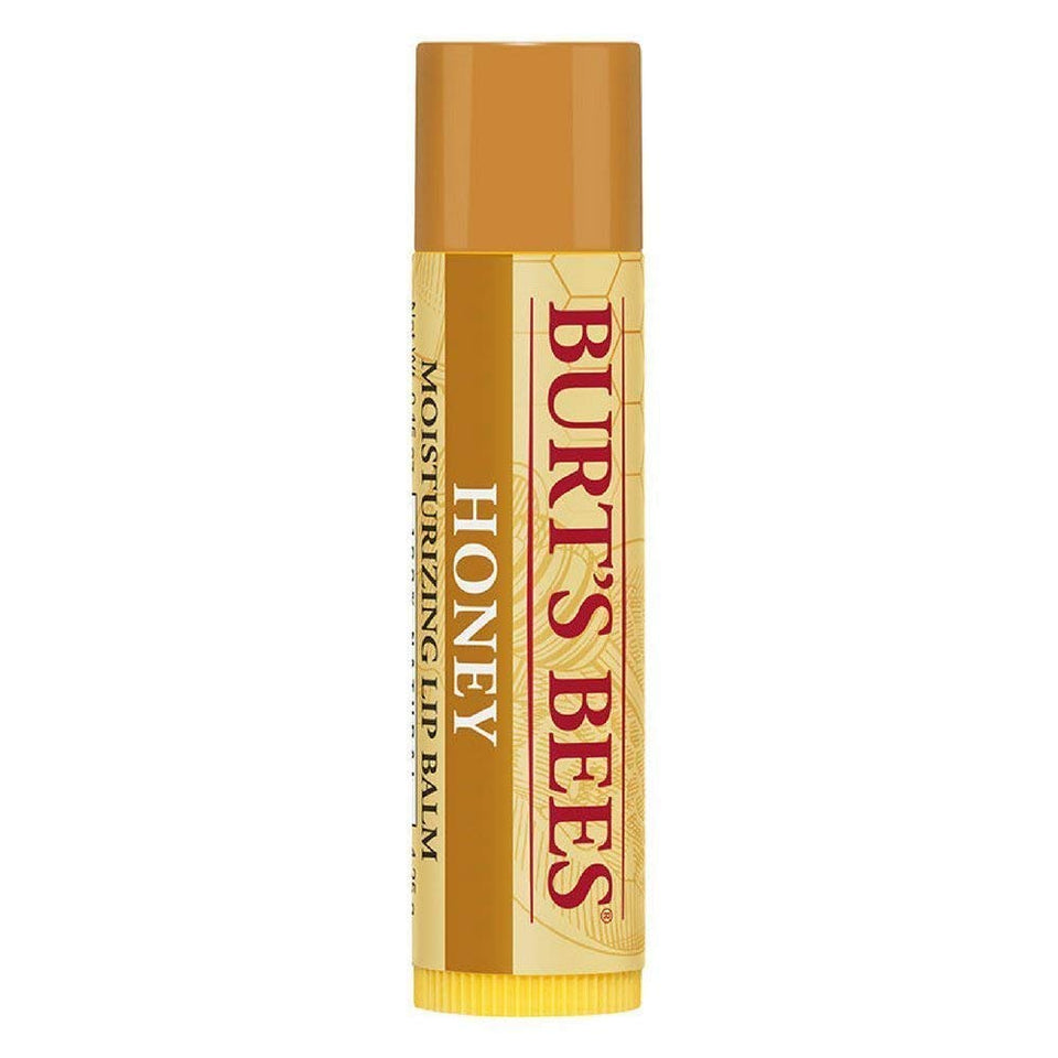 Burt's Bees honey lip balm front packaging showing six tubes and natural ingredients benefit
