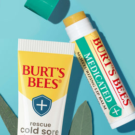 Burt's Bees ingredients flatlay with eucalyptus and oils emphasizing natural origin