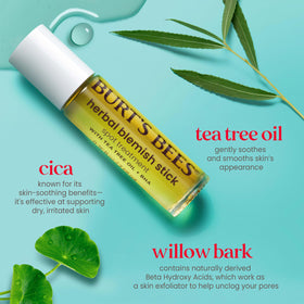 Burt's Bees ingredients display with tea tree and cica for soothing care