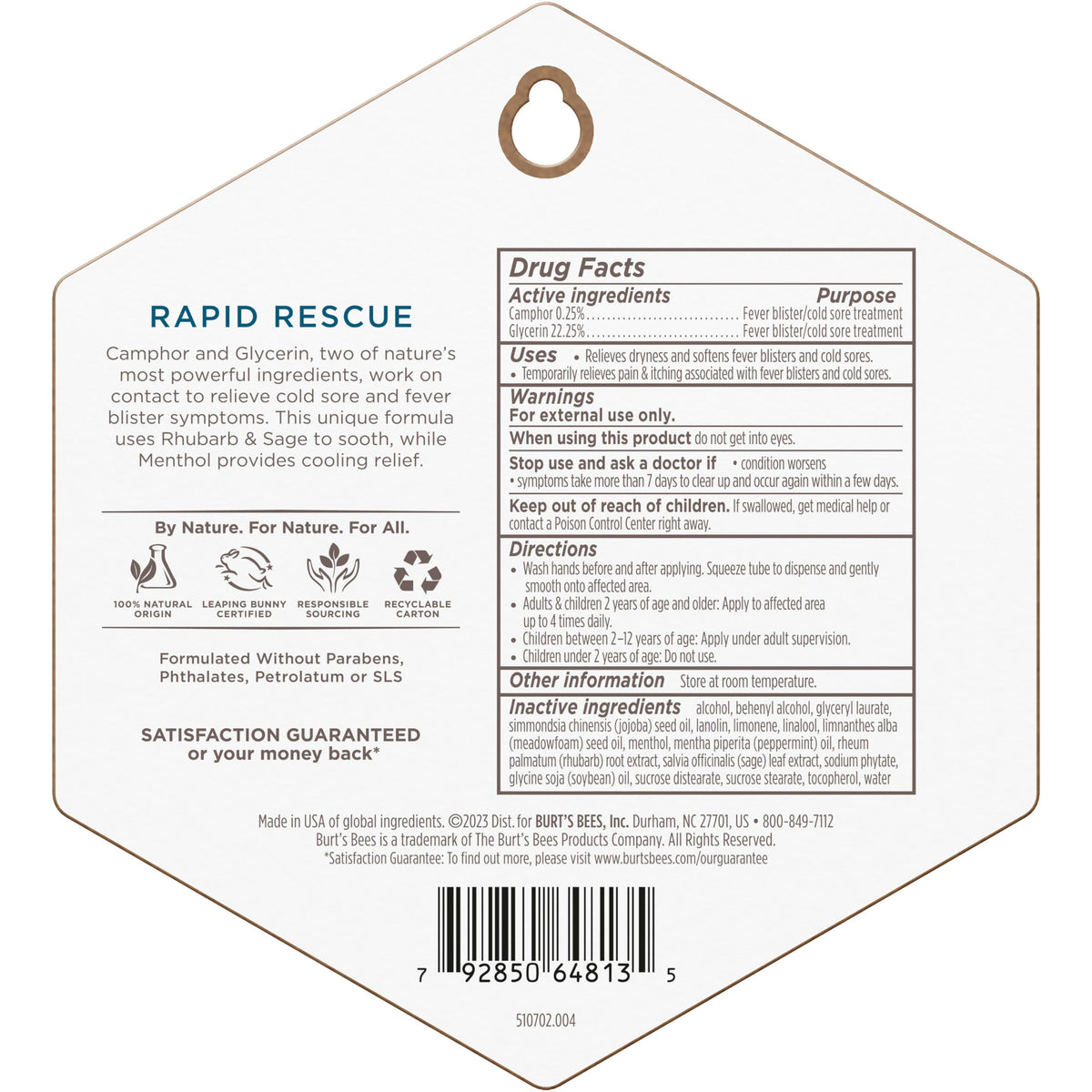 Burt's Bees label close-up displaying ingredient highlights and clean formulation