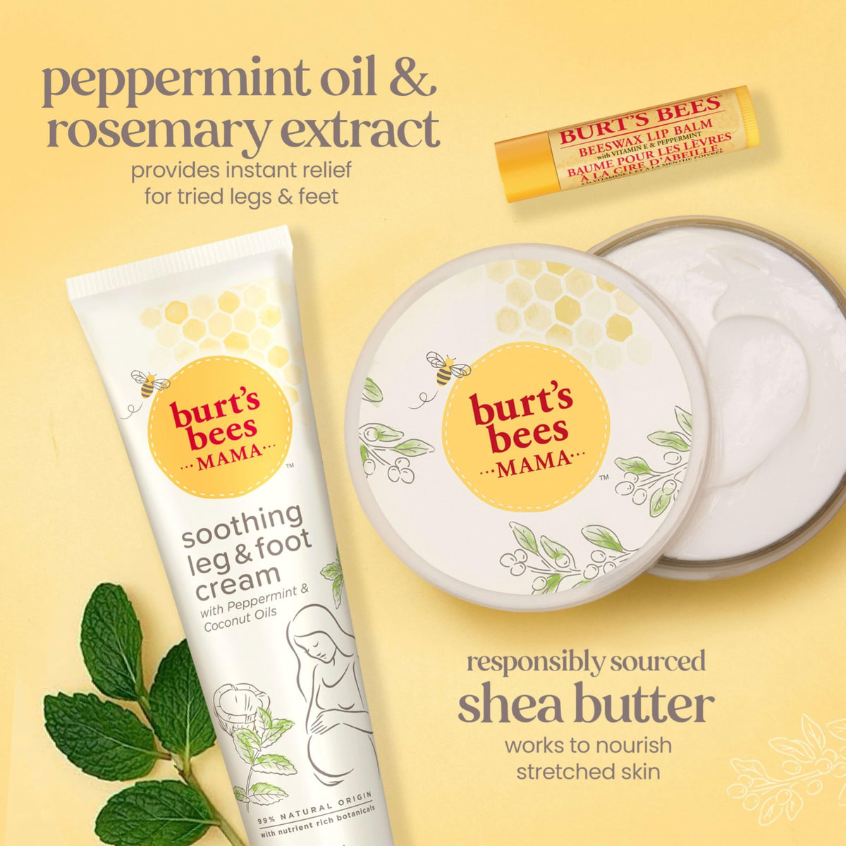 Burt's Bees leg and foot cream tube close-up showing soothing texture