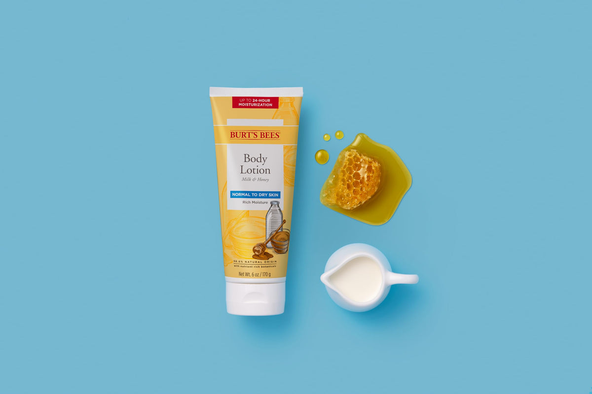 Burt's Bees bottle on bathroom shelf in natural setting emphasizing gentle ingredients