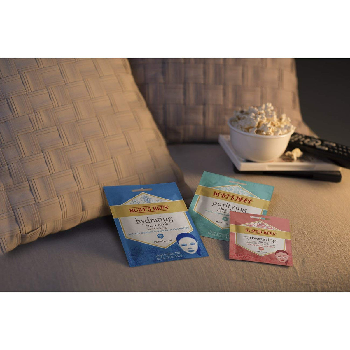 Burt's Bees sheet mask staged in bathroom spa setting for easy self-care