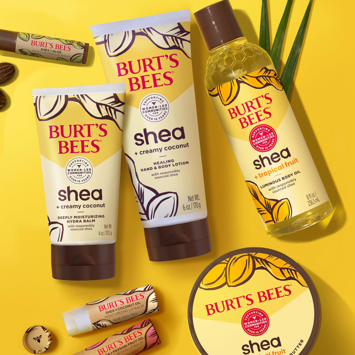 Burt's Bees tub styled in a tropical bathroom setting conveying soothing routine