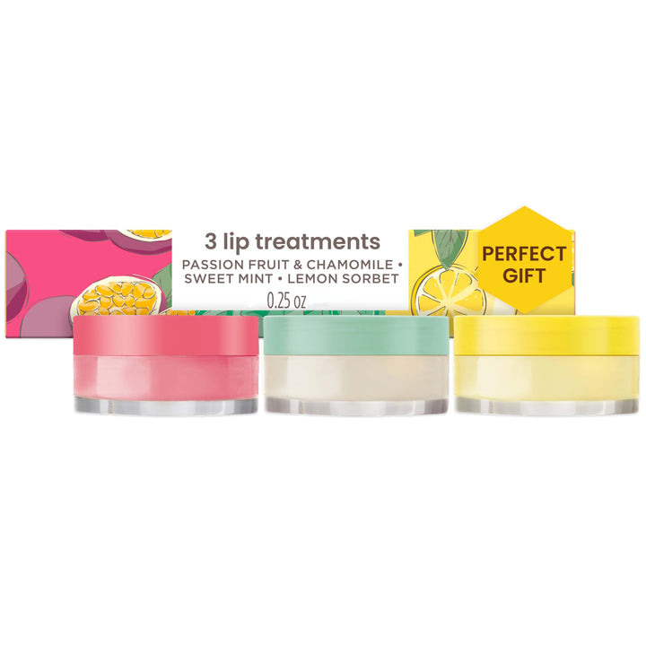 Burt's Bees front packaging showing three lip mask jars and benefits