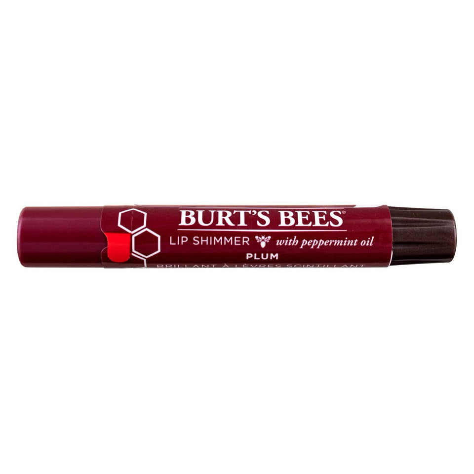 Burt's Bees front packaging showing five Plum Lip Shimmer tubes and benefits