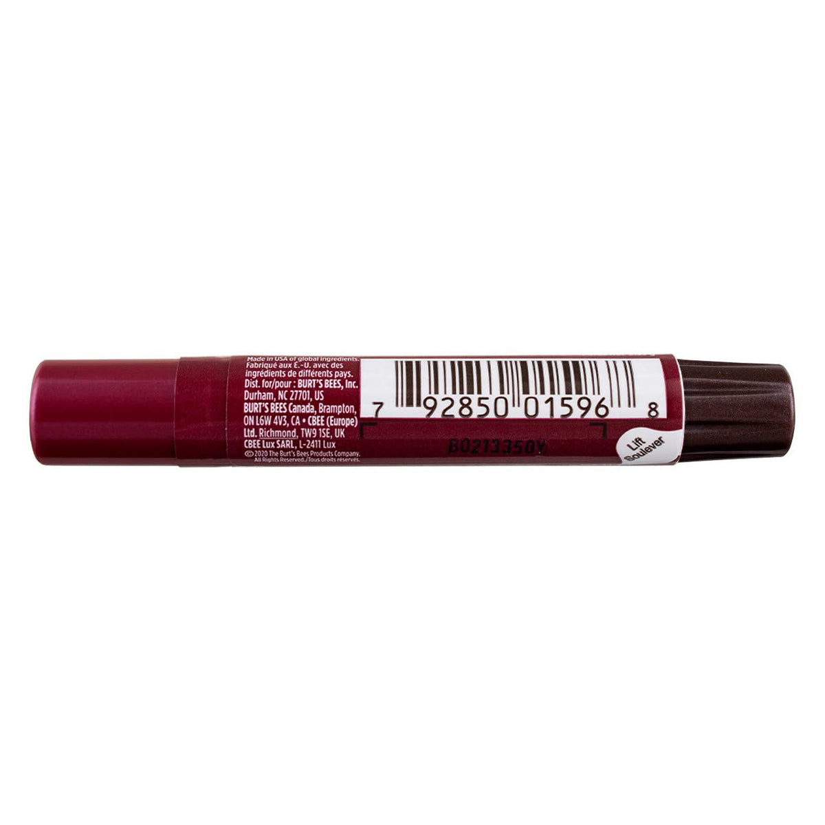 Burt's Bees Plum Lip Shimmer tube held in hand showing compact travel size