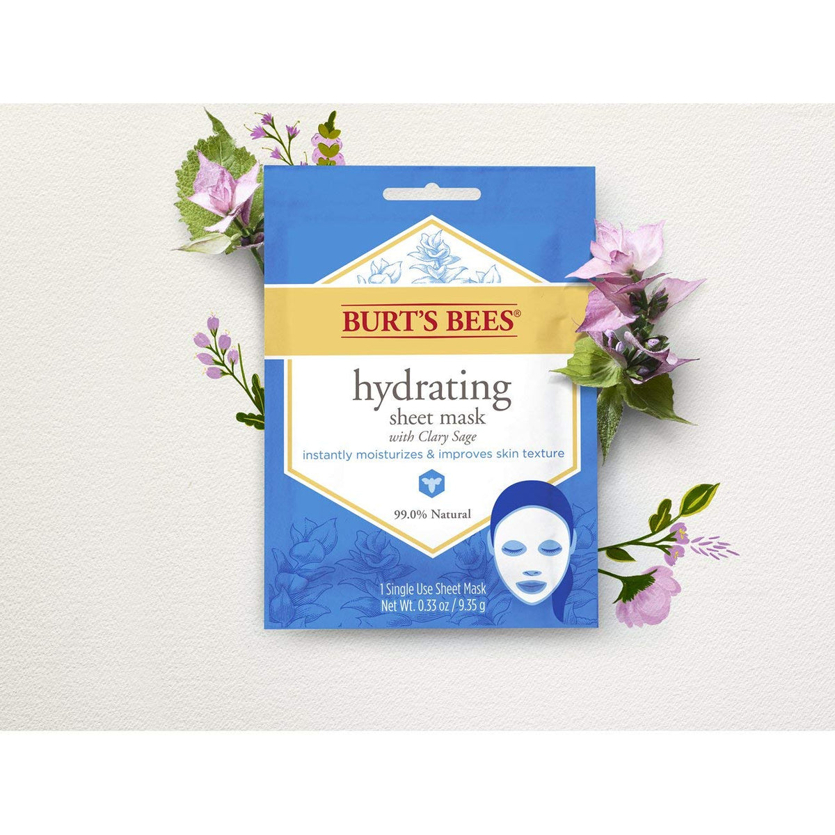 Burt's Bees sheet mask worn on face demonstrating instant hydration effect