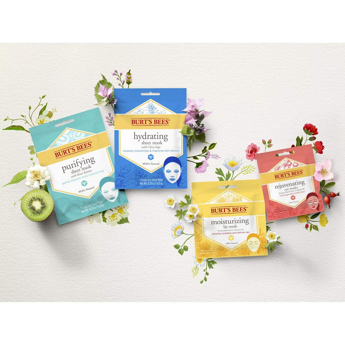 Burt's Bees six-count box displaying multiple single-use hydrating masks