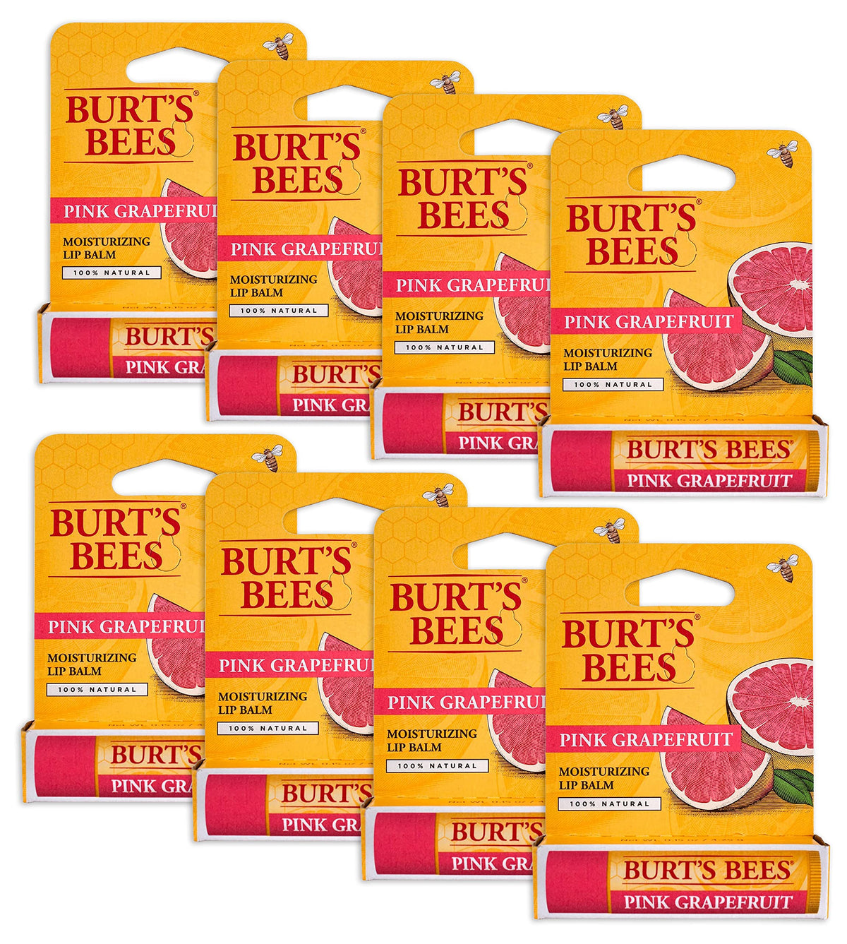 Burt's Bees pink grapefruit lip balm front view showing compact tube and branding benefit