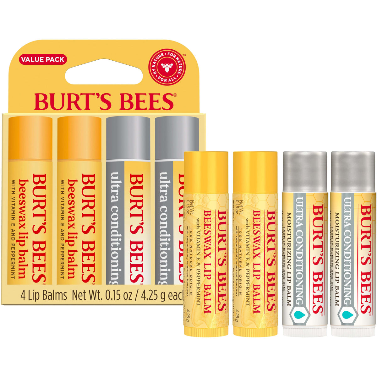 Burt's Bees tubes in a purse and pocket illustrating convenient on-the-go lip care