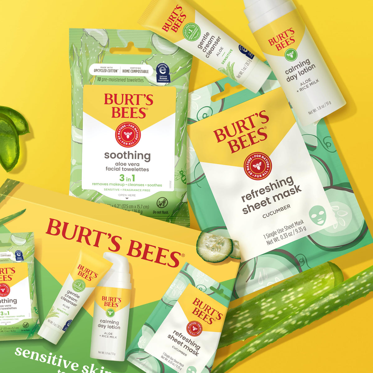 Burt's Bees products on bathroom counter with size comparison demonstrating travel-friendly volumes