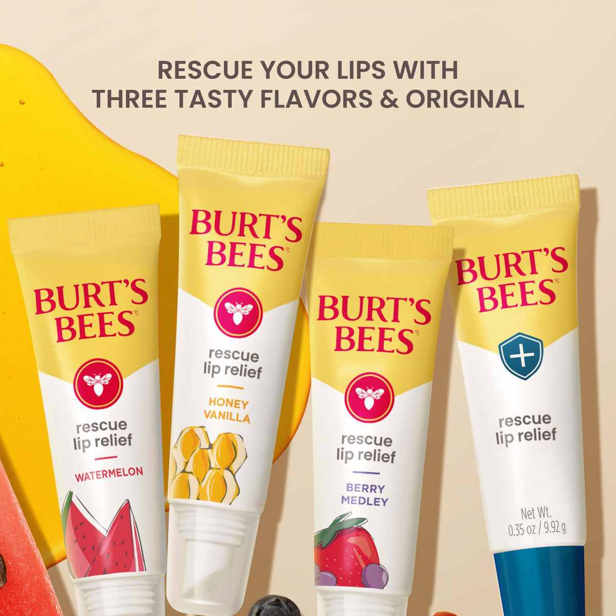 Burt's Bees honey vanilla imagery evoking gentle scent and natural flavor notes