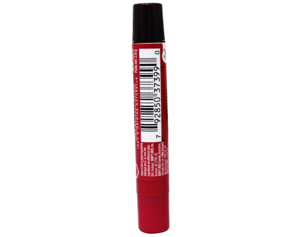 Burt's Bees rhubarb applied on lips demonstrating subtle tint and shine
