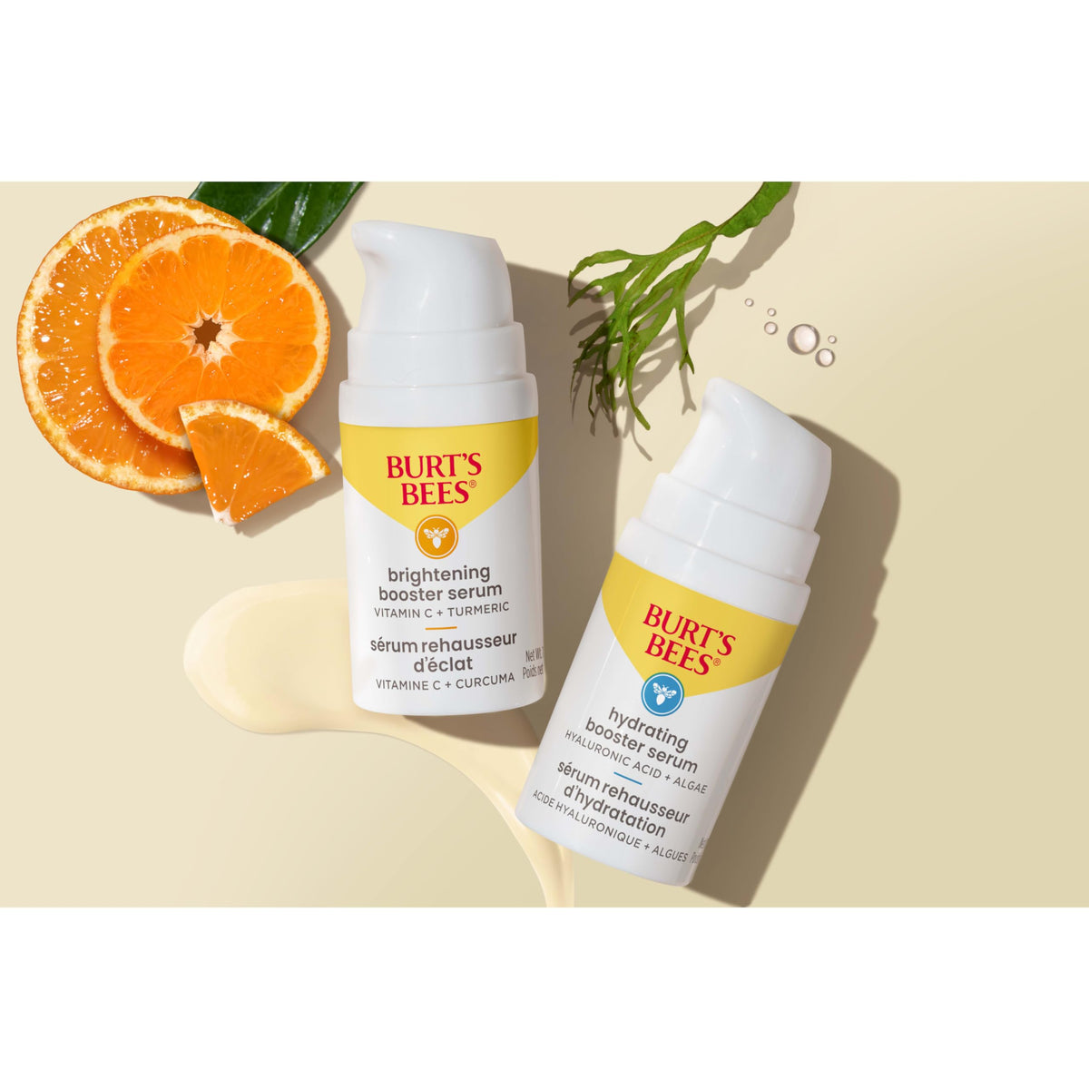 Burt's Bees serum bottle on a bathroom shelf signaling easy daily routine integration
