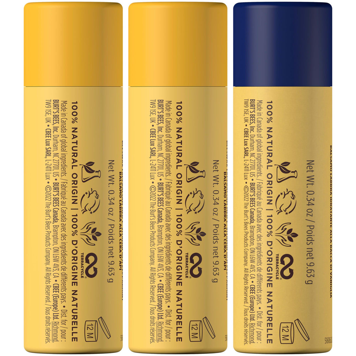 Burt's Bees next to a coin showing 0.34 oz size and longer-lasting value
