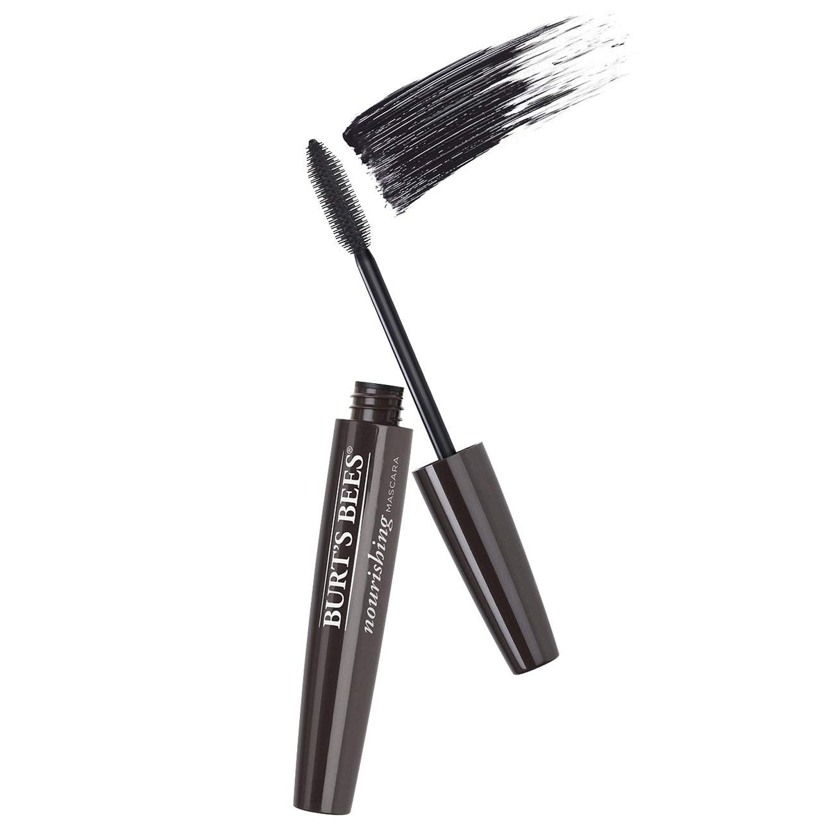 Burt's Bees mascara next to coin to show 0.4 oz size and portability