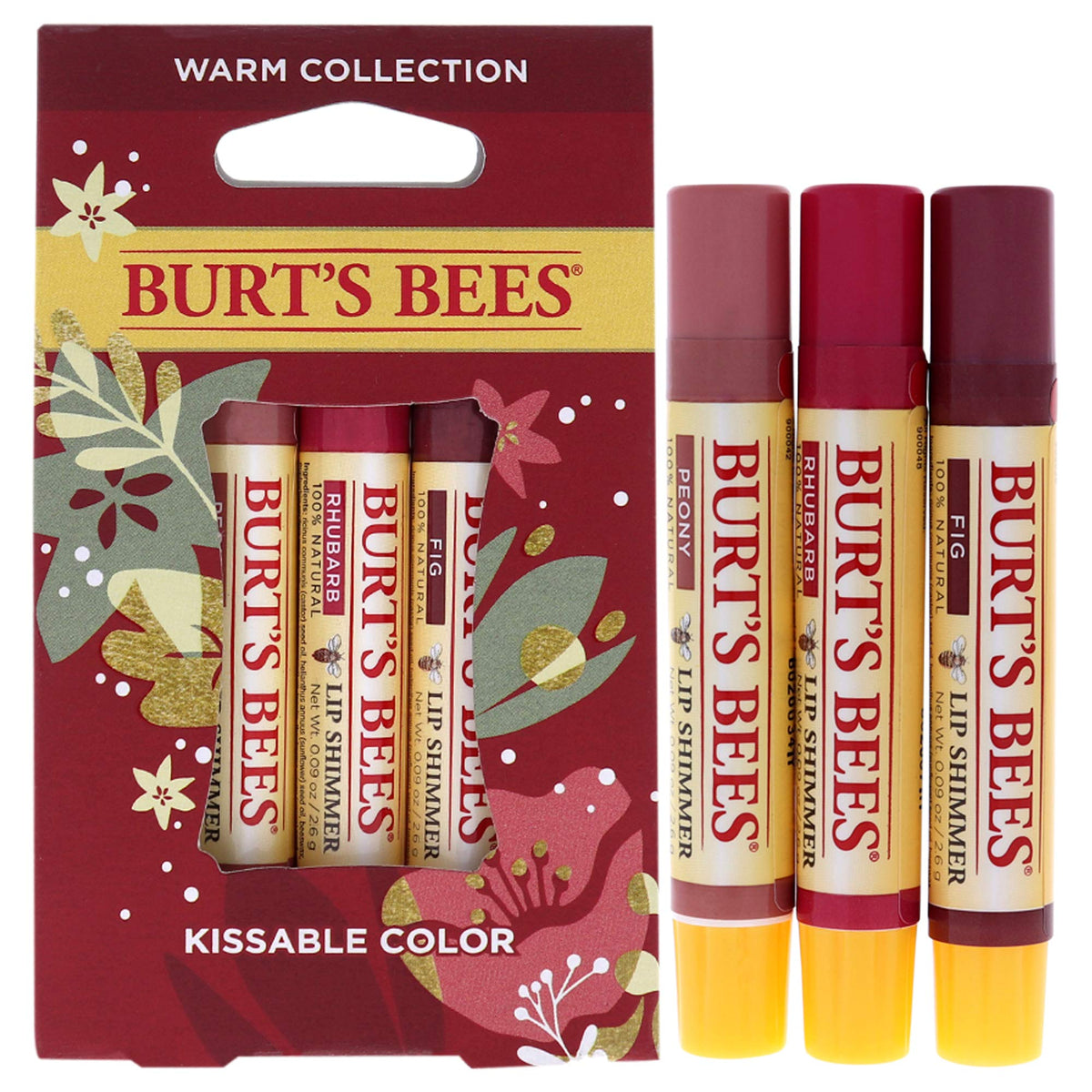 Burt's Bees front packaging showing three warm shimmer tubes and benefits
