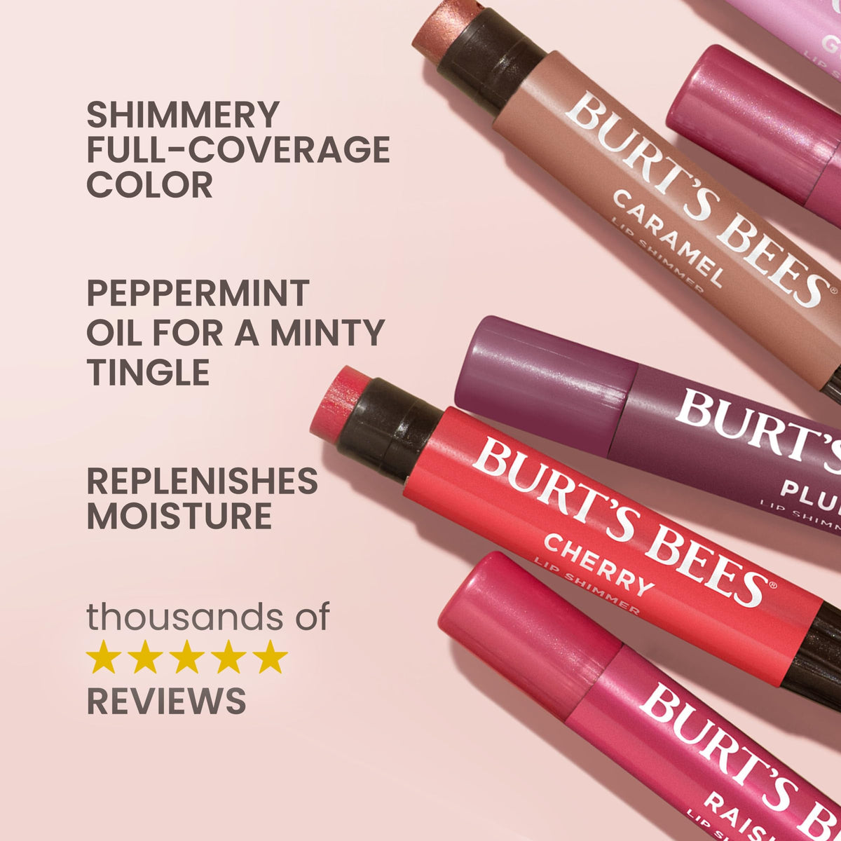 Burt's Bees close-up shimmer pigment reflecting light for luminous lips