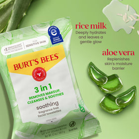 Burt's Bees wipes staged with aloe leaves conveying natural ingredients
