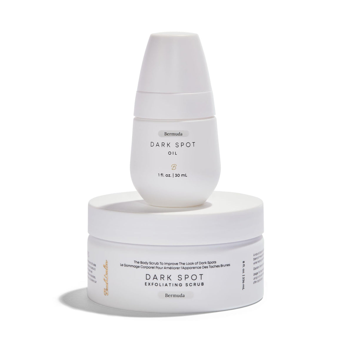 Bushbalm Bermuda front packaging showing both oil and scrub, promotes smooth skin