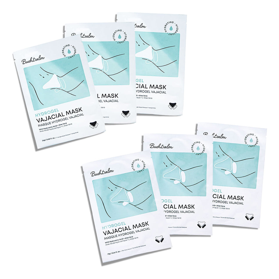 Bushbalm front packaging showing three hydrating vajacial masks for post-hair removal comfort