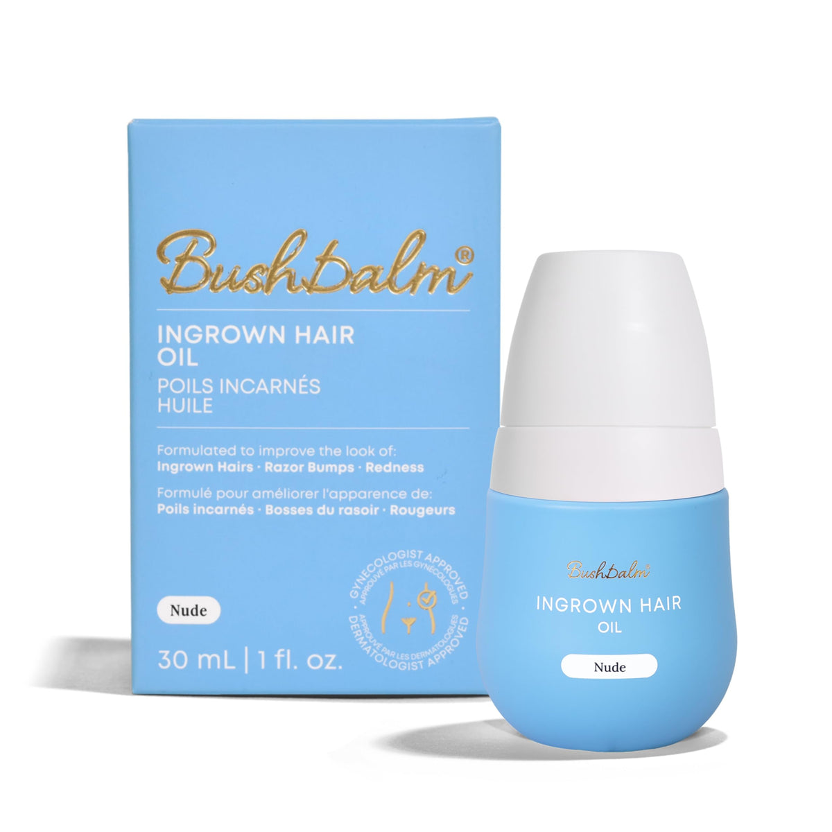 Bushbalm bottle front view showing Nude ingrown oil and soothing benefit
