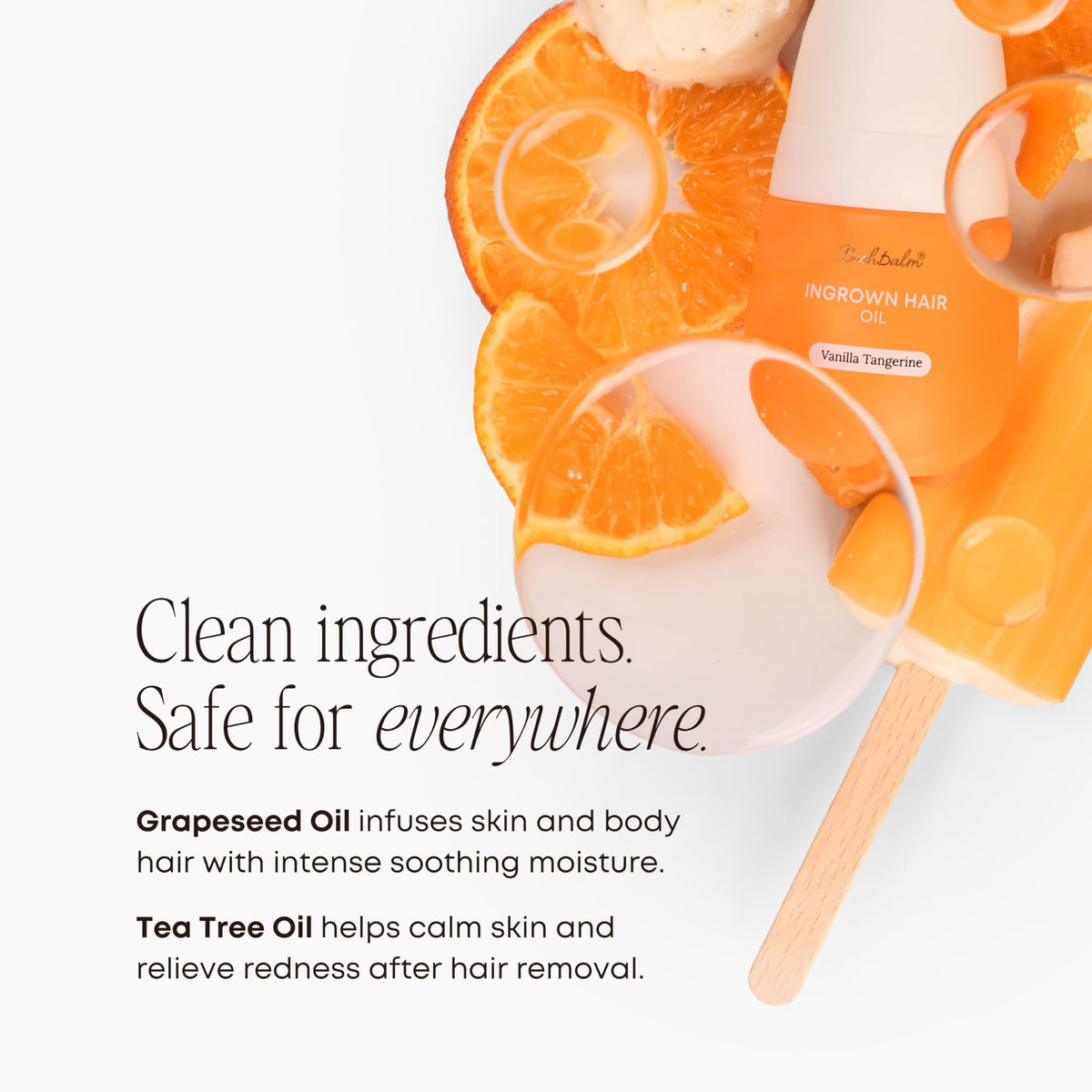 bushbalm close-up label highlighting vanilla tangerine and natural ingredients benefit