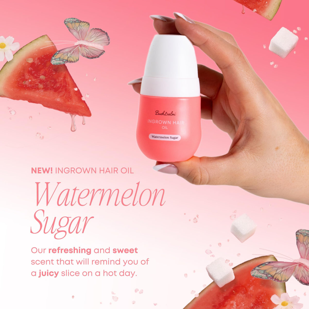 Watermelon slice with Bushbalm bottle evoking the product's fruity summer scent