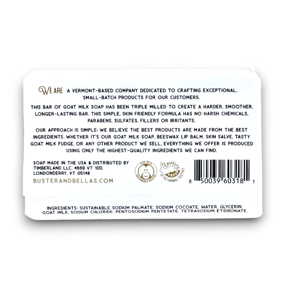 Close-up of Buster & Bella's goat milk soap texture highlighting dense triple-milled finish and durability
