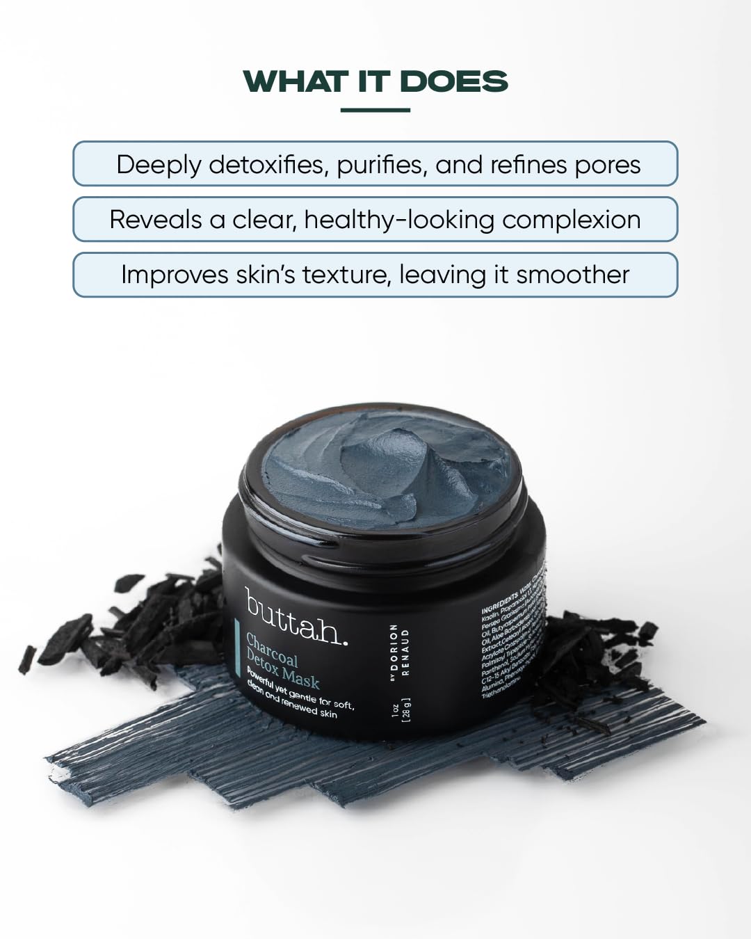 buttah. charcoal mask applied on cheek demonstrating even coverage and pore-clearing benefit