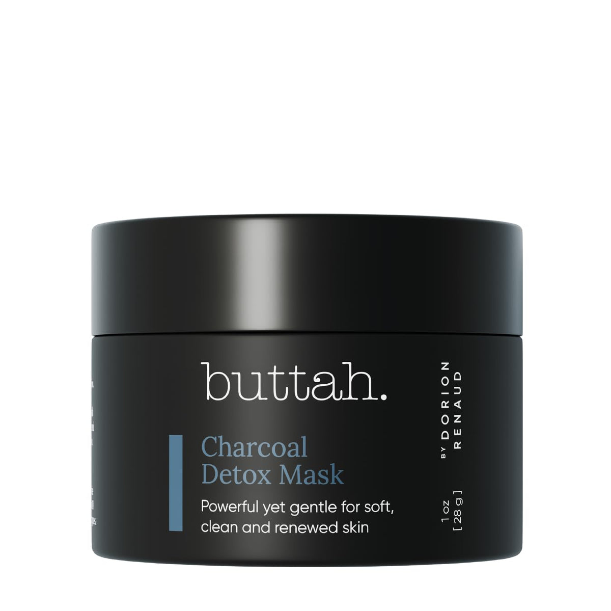 buttah. charcoal mask front jar showing branding and packaging benefit gentle detox
