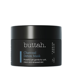 buttah. charcoal mask front jar showing branding and packaging benefit gentle detox