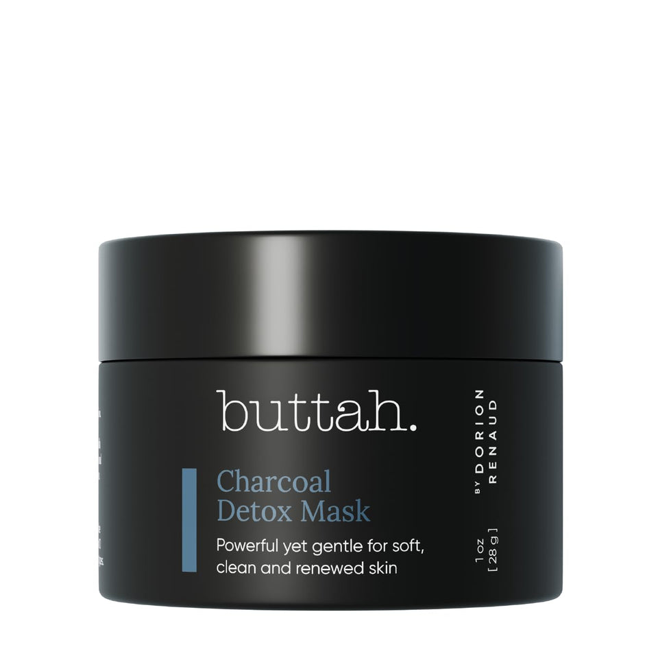 buttah. charcoal mask front jar showing branding and packaging benefit gentle detox