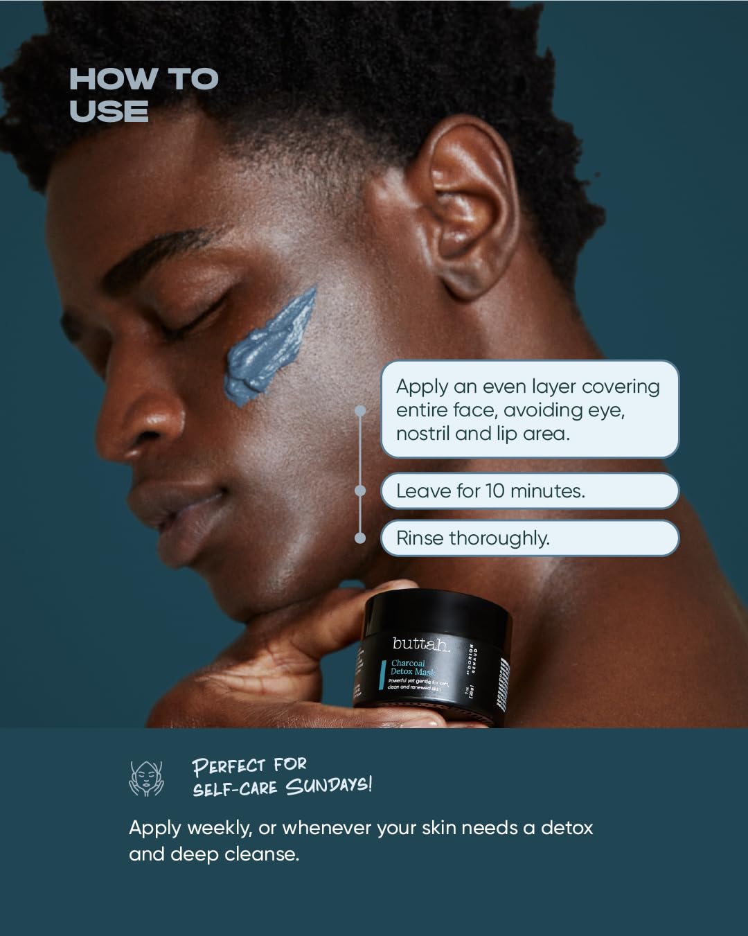 buttah. charcoal mask next to a coin showing 1 fl oz scale and travel-friendly benefit