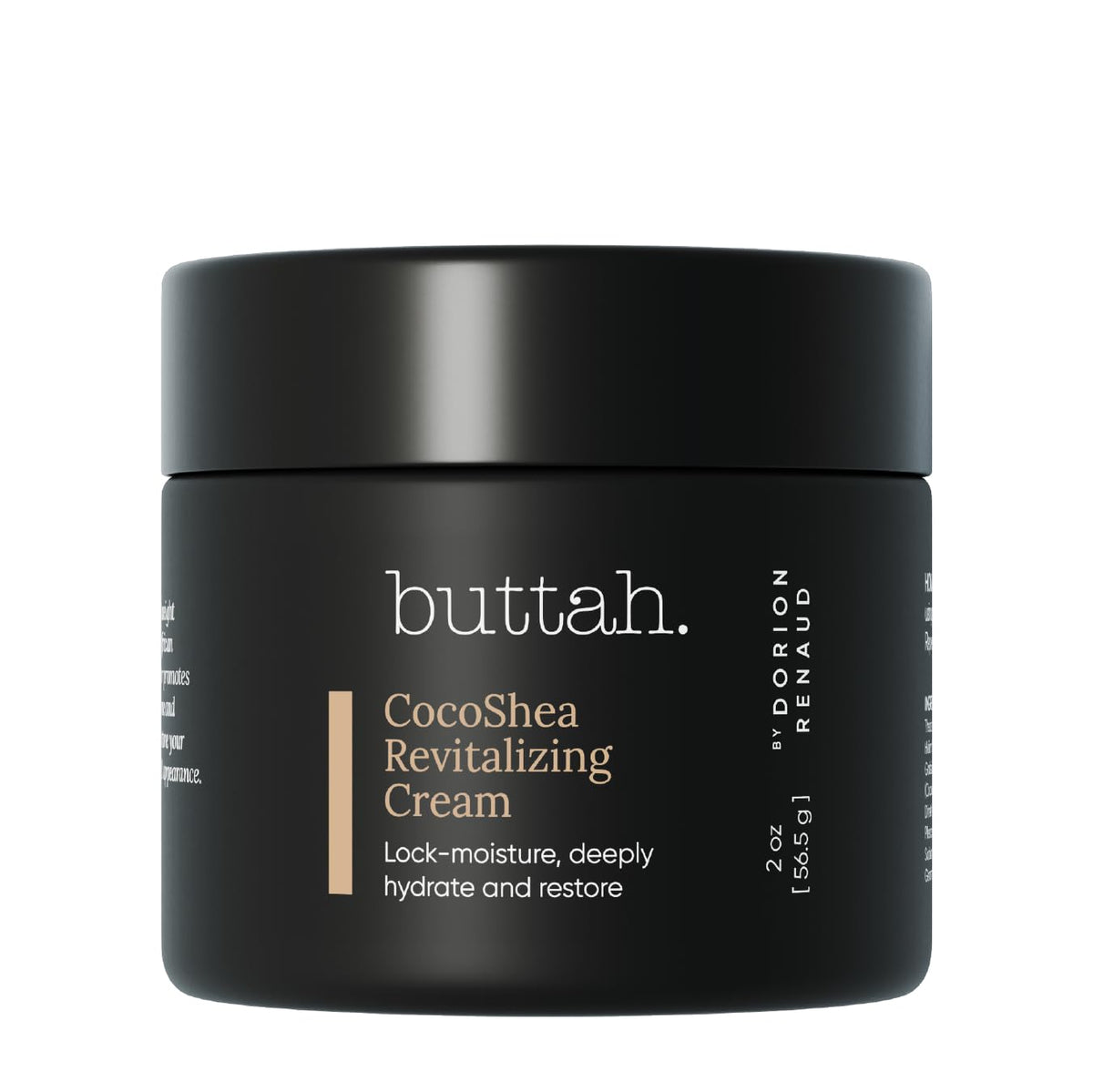 buttah front jar showing CocoShea cream and convenient 2 oz size benefit